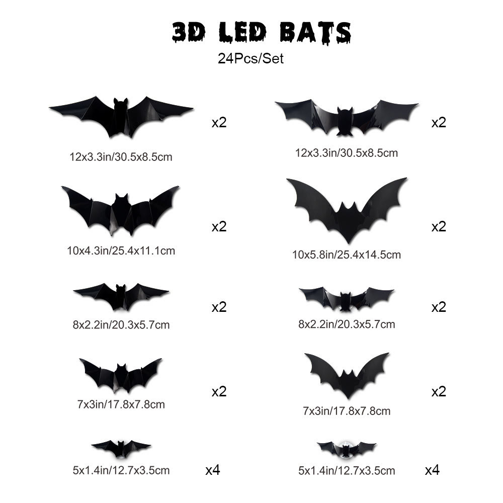 3D Bat Light LED Decorations, 12pcs/24pcs Halloween Spooky Ornaments - Black - 24PCS🔥Best Seller - image 9