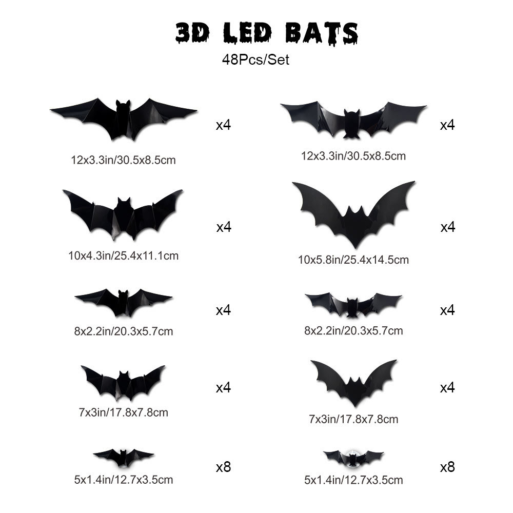 3D Bat Light LED Decorations, 12pcs/24pcs Halloween Spooky Ornaments - Black - 48PCS🎁Best Value - image 10