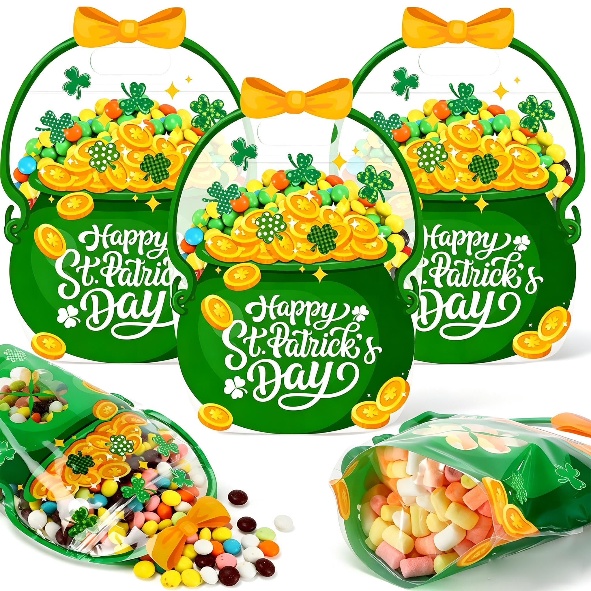 Halloween Goodie Bags Plastic Candy Bag Trick or Treat Bags - Green pot with gold coins - 50PCS🎁Best Value - image 21