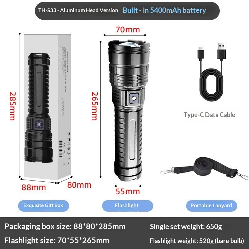 2-in-1 Rechargeable Flashlight Power Bank – Waterproof, Zoomable, USB Charging - Black - image 12