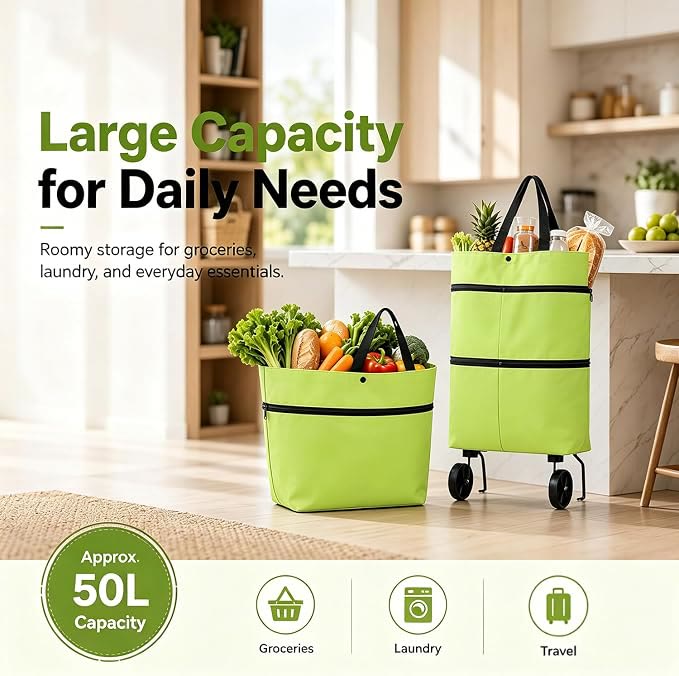 Collapsible Wheeled Shopping Tote, Reusable Grocery Bag, Lightweight Foldable Carry-All for Supermarket & Outings - image 3