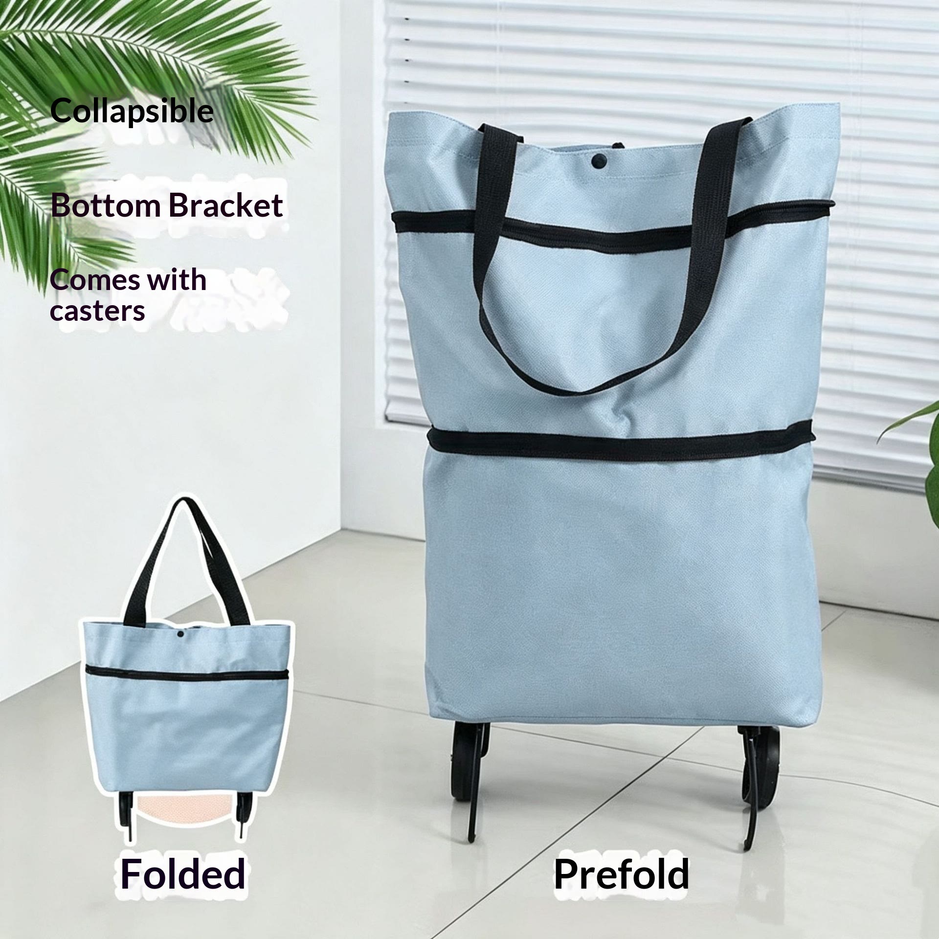 Collapsible Wheeled Shopping Tote, Reusable Grocery Bag, Lightweight Foldable Carry-All for Supermarket & Outings - Light Blue - image 17