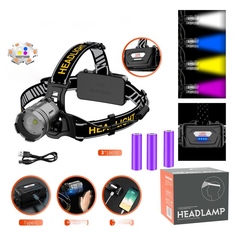 headlamp, rechargeable headlamp, super bright,  display light, hands-free flashlight, suitable for work, camping, running - B(White‑Blue‑Yellow‑Purple) - image 11