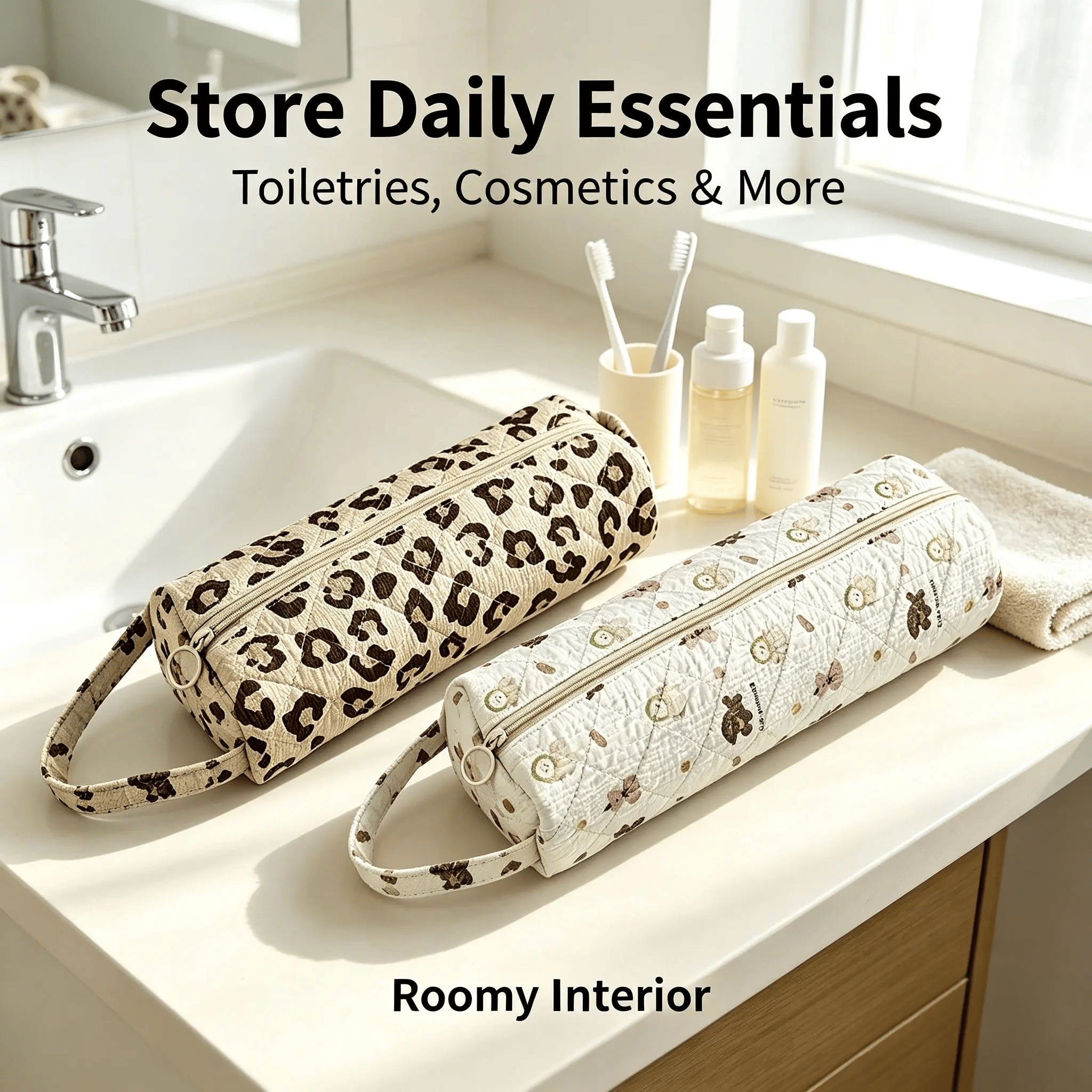 Quilted Multi‑Purpose Storage Bag, Portable Zipper Cosmetic Makeup Pouch with Handle - image 2