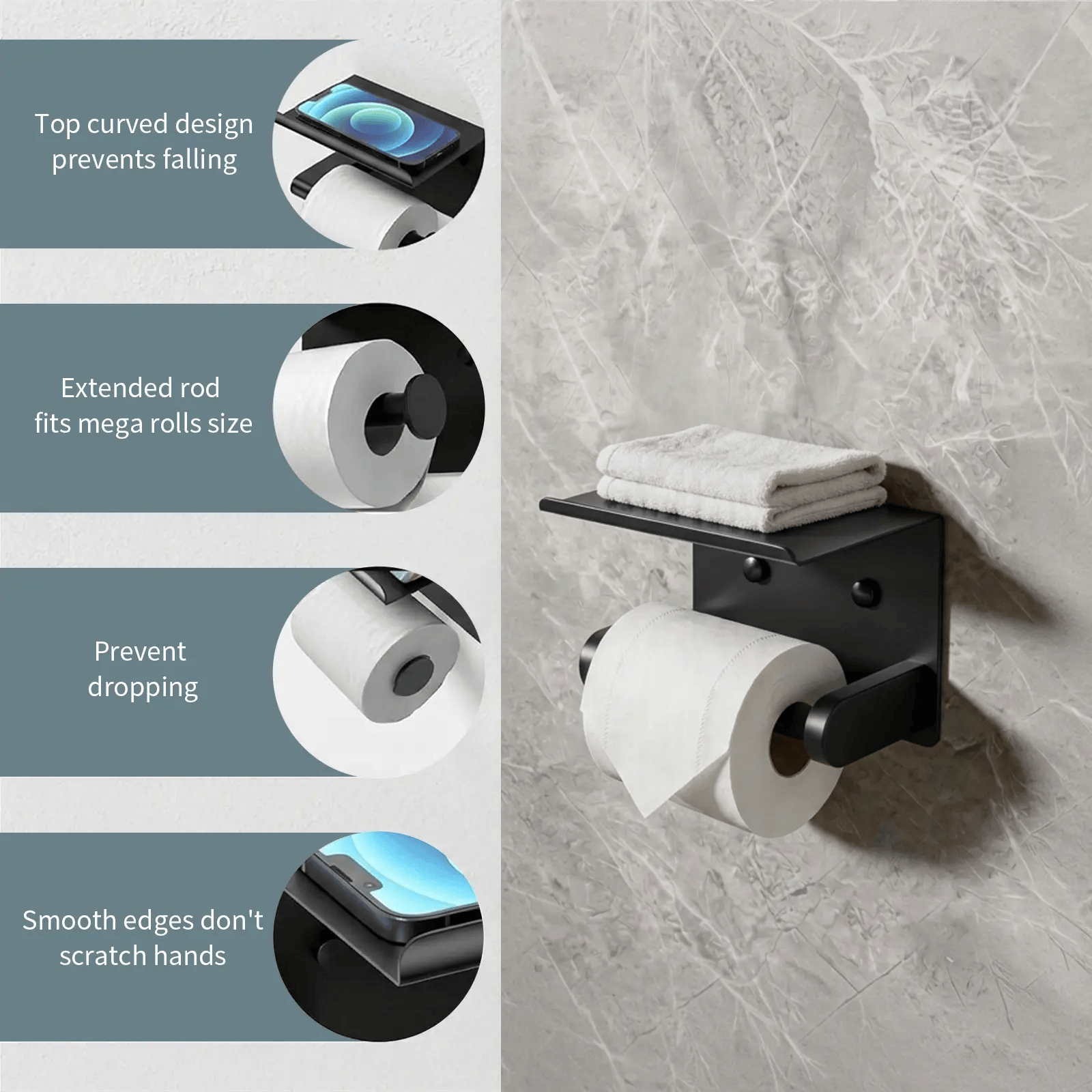 Smooth Waterproof Toilet Paper Holder with Shelf & Pad, Rustproof Stainless Steel - image 6