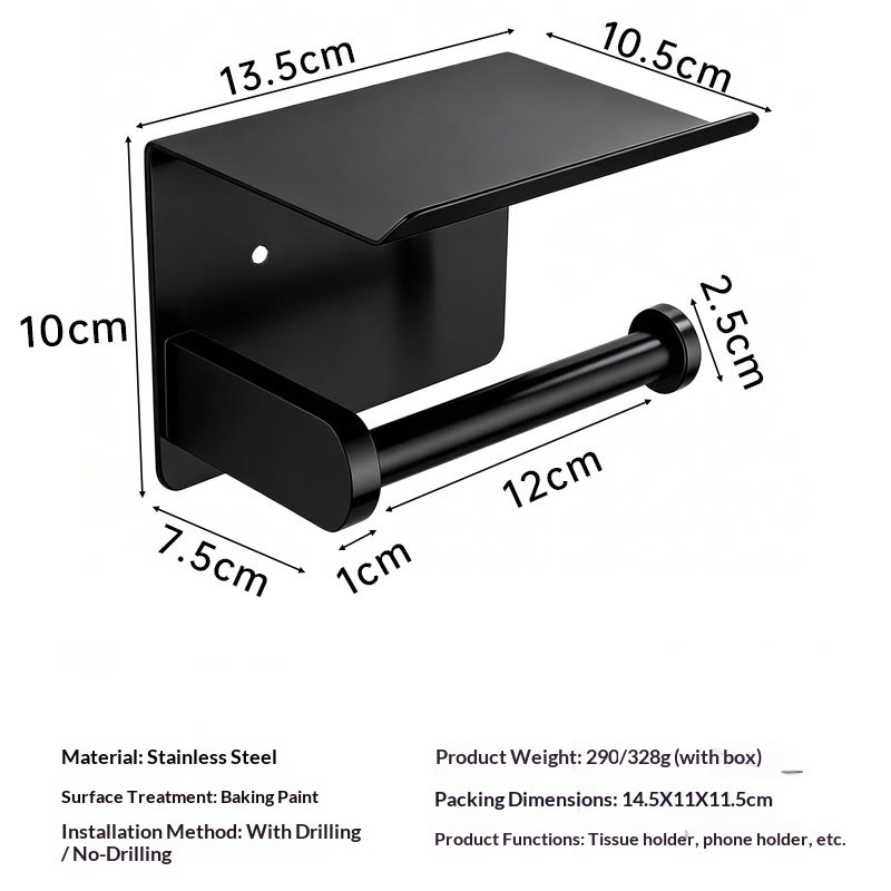 Smooth Waterproof Toilet Paper Holder with Shelf & Pad, Rustproof Stainless Steel - Black - 🔥BUY 2(Save $15) - image 8