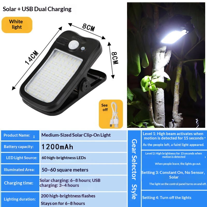 Outdoor Solar Light, USB & Solar Powered Clip Light with Motion Sensor, 3 Modes, Waterproof  - Black - White light - 🔥BUY 2(Save $10) - image 10