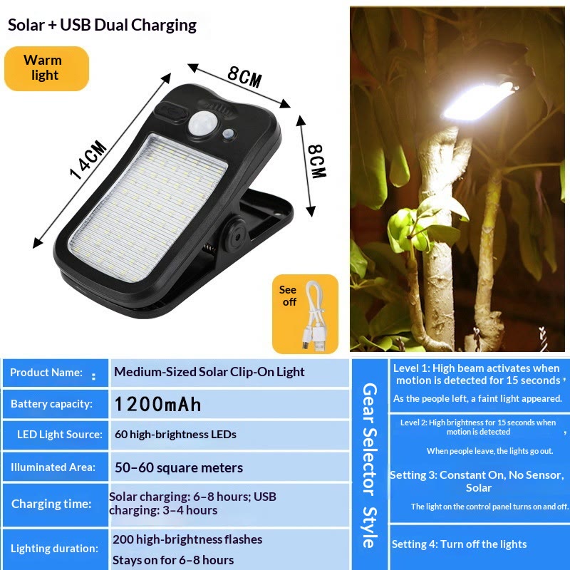 Outdoor Solar Light, USB & Solar Powered Clip Light with Motion Sensor, 3 Modes, Waterproof  - Black - Warm light - 🔥BUY 2(Save $10) - image 12