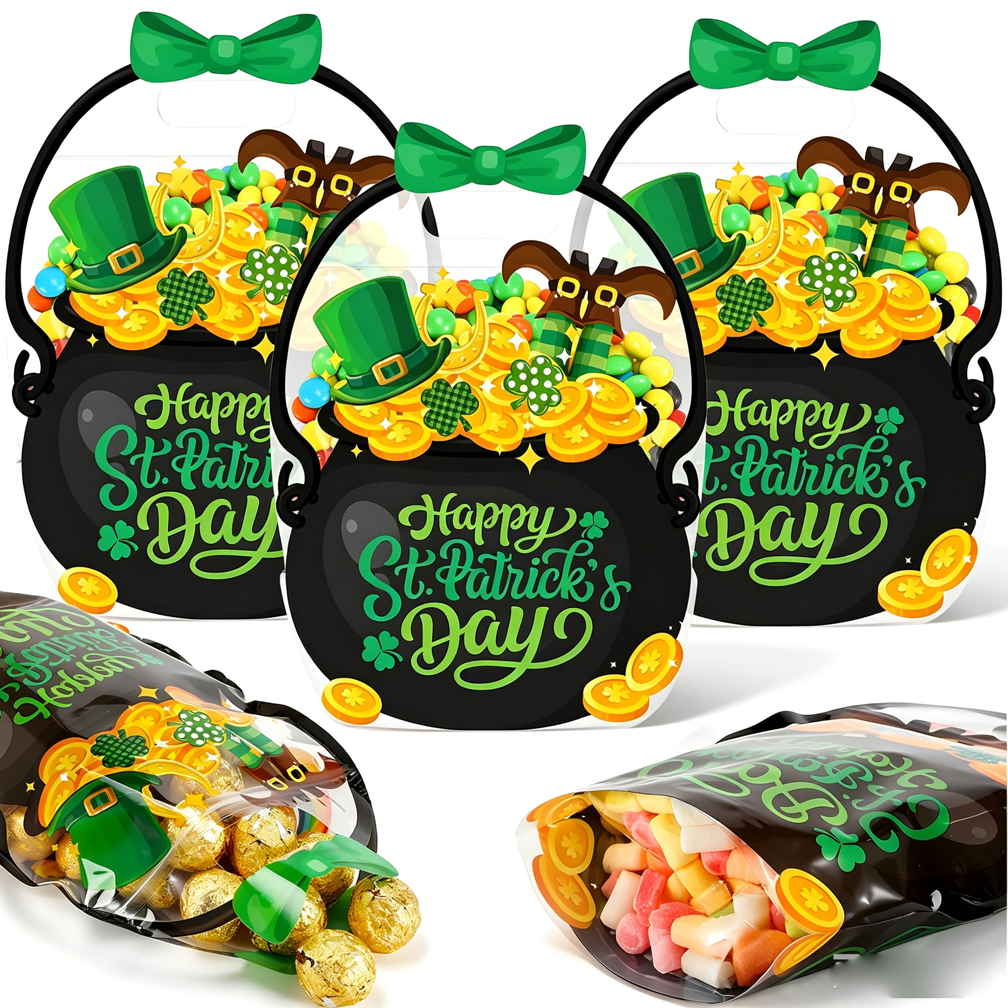 Halloween Goodie Bags Plastic Candy Bag Trick or Treat Bags - Black pot with gold coins - 50PCS🎁Best Value - image 22