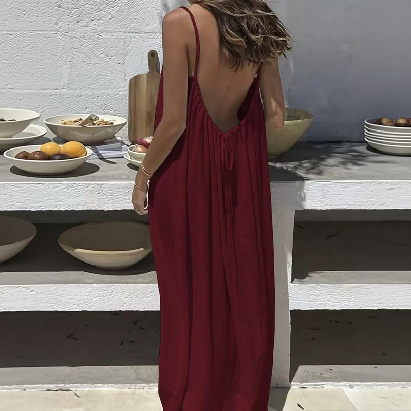 Loose Solid Color Adjustable Tie Strap Vacation Dress - Wine - 5XL - image 6