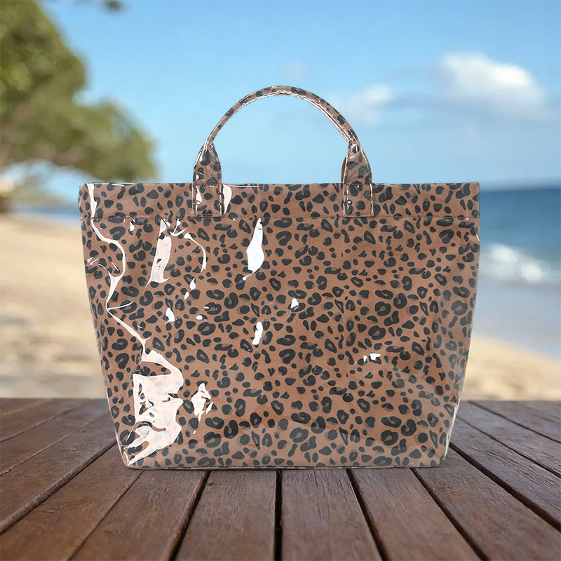 Beach Vacation Color-block Striped Leopard Waterproof Tote Bag - Brown - 44*31*12.5cm - image 11