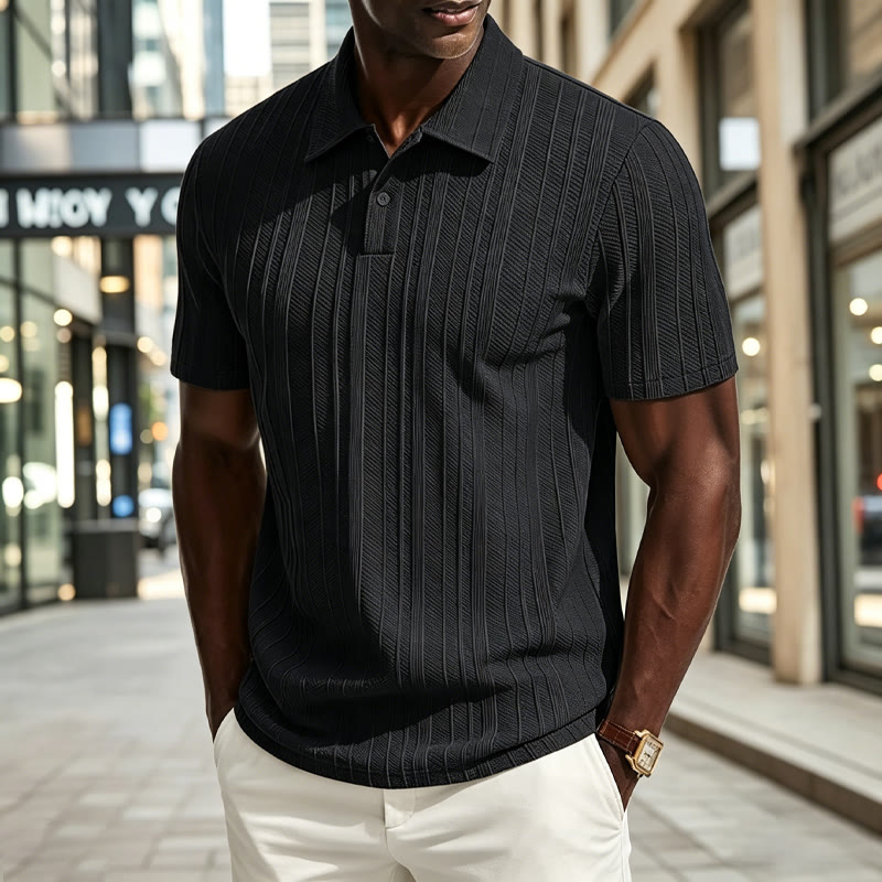 Solid Striped Textured Stretch Short-sleeve Polo Shirt - Black - 2XL - image 3
