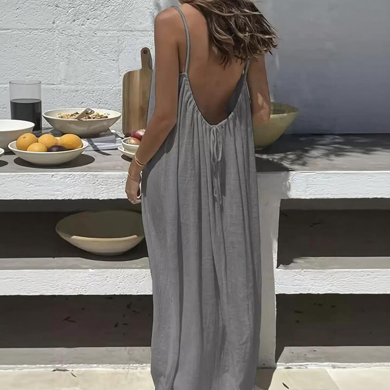 Loose Solid Color Adjustable Tie Strap Vacation Dress - Grey - 5XL - image 7