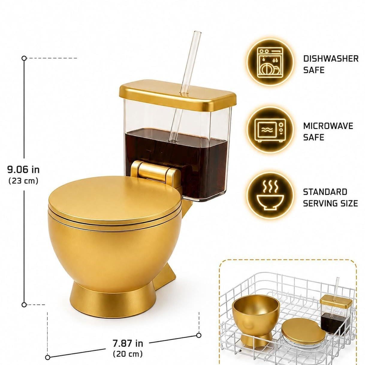 2-in-1 Golden Toilet Shaped Ramen Bowl with Drink Cup, Funny Party Gag Bowl - image 6