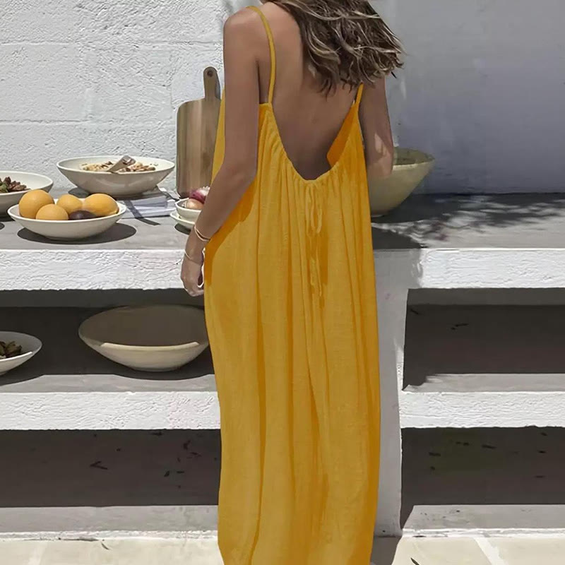 Loose Solid Color Adjustable Tie Strap Vacation Dress - Yellow - 5XL - image 7
