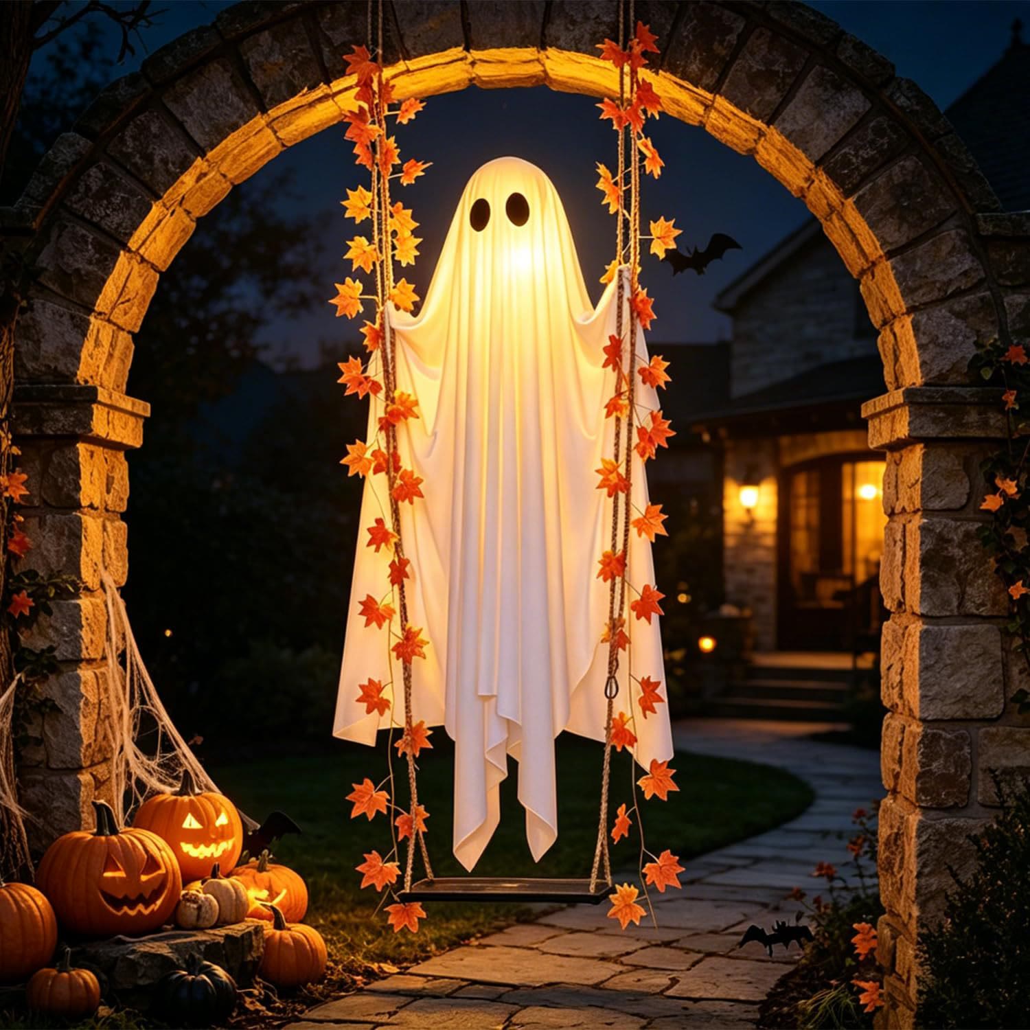Halloween Hanging Swing Ghost with Maple Leaf Vine, Large Outdoor Tree & Garden Spooky Decoration - White - 70in - image 5