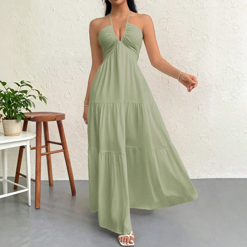 Women's Halter Neck Tiered Sleeveless A Line Summer Maxi Dress - Green - L - image 13