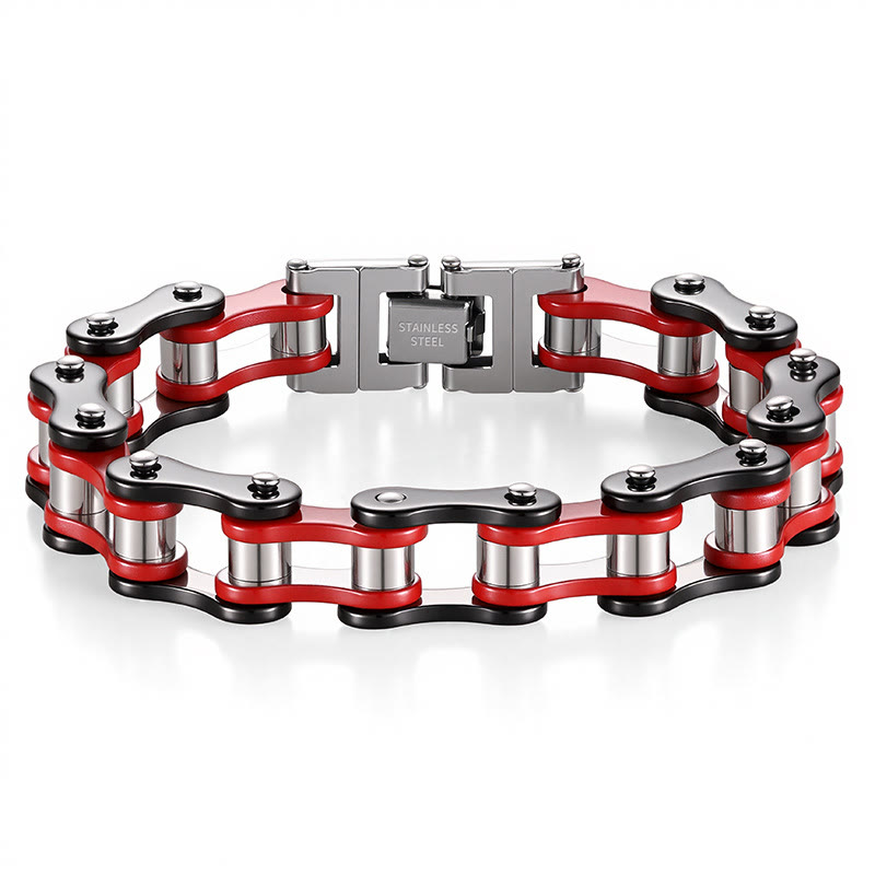 Men's Motorcycle Chain Bracelet - Punk Biker Stainless Steel Bicycle Link Bracelet  - Black + Red - image 9