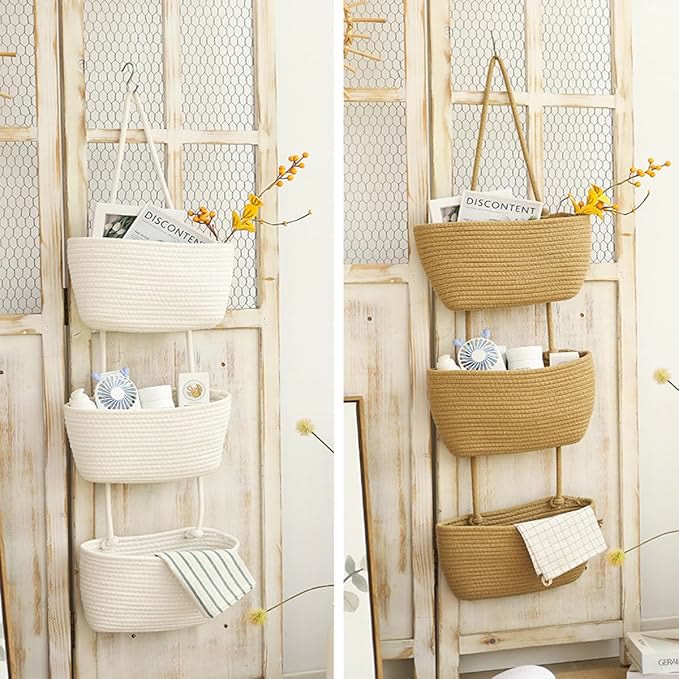 Woven Cotton 3-Tier Over-the-Door Basket, Wall-Mounted Bathroom  Storage Organizer - image 4