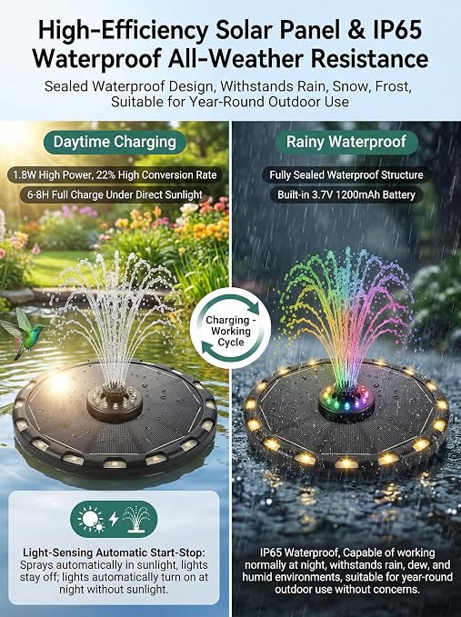Solar Fountain Pump with 18 LED Lights & 8 Colors, Floating Water Fountain for Bird Bath, Pond & Garden - image 6