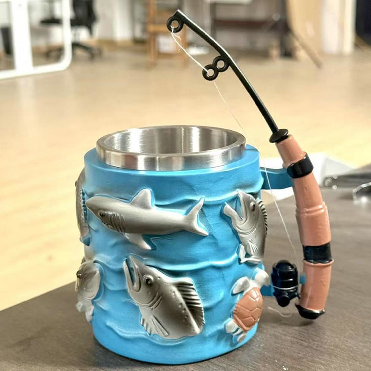 Fishing-Themed 3D Resin Coffee Mug with Fishing Rod & Fish Design, Durable Stainless Steel Liner - image 4