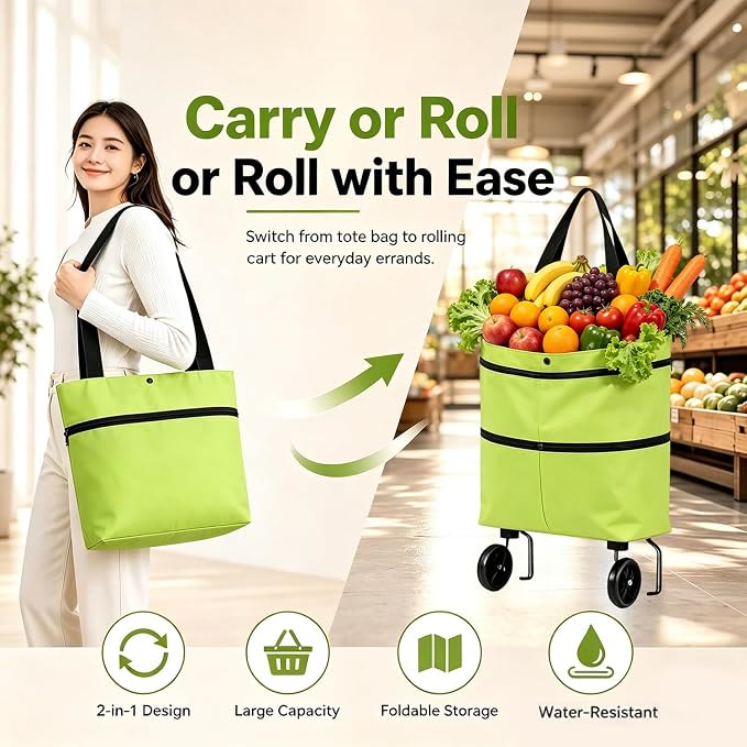Collapsible Wheeled Shopping Tote, Reusable Grocery Bag, Lightweight Foldable Carry-All for Supermarket & Outings - image 5
