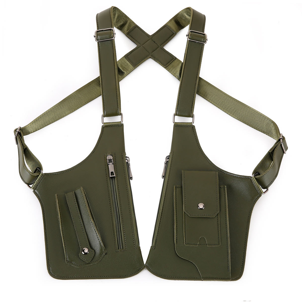 Double Shoulder Anti-Theft Harness Bag, Leather Armpit Wallet - Army Green - image 12