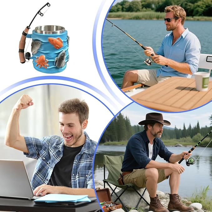 Fishing-Themed 3D Resin Coffee Mug with Fishing Rod & Fish Design, Durable Stainless Steel Liner - image 3