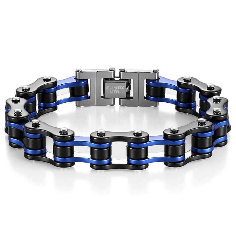 Men's Motorcycle Chain Bracelet - Punk Biker Stainless Steel Bicycle Link Bracelet  - Black + Blue - image 8