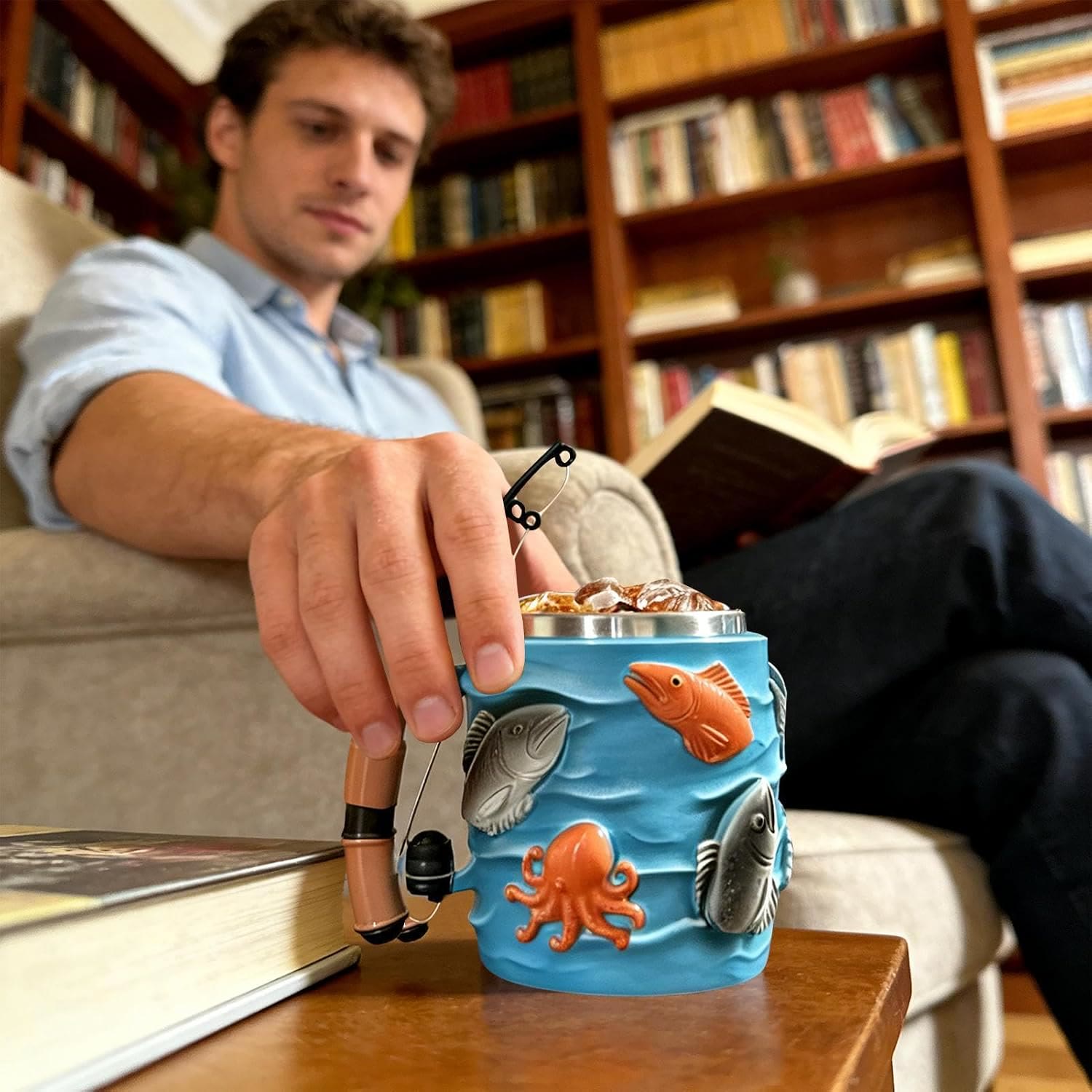 Fishing-Themed 3D Resin Coffee Mug with Fishing Rod & Fish Design, Durable Stainless Steel Liner - image 5