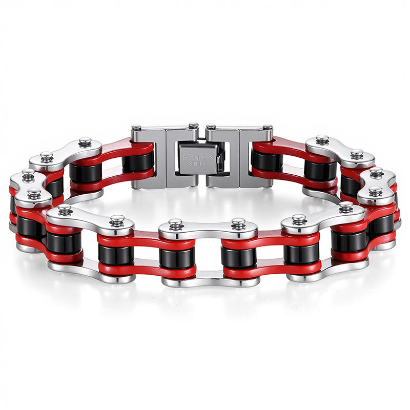 Men's Motorcycle Chain Bracelet - Punk Biker Stainless Steel Bicycle Link Bracelet  - Silver + Red - image 6