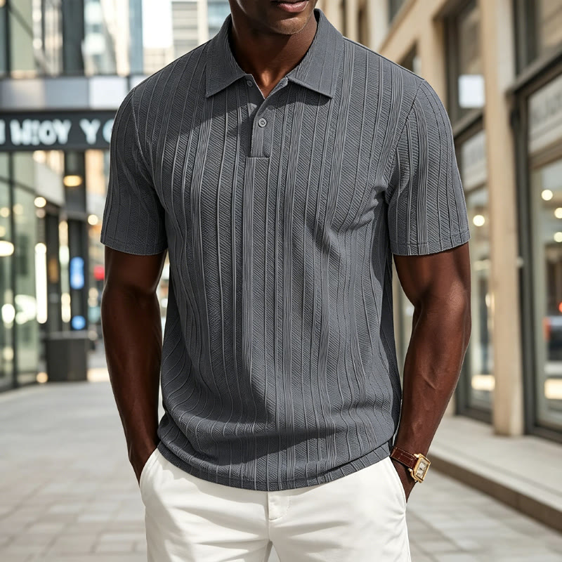 Solid Striped Textured Stretch Short-sleeve Polo Shirt - Dark Grey - 2XL - image 4