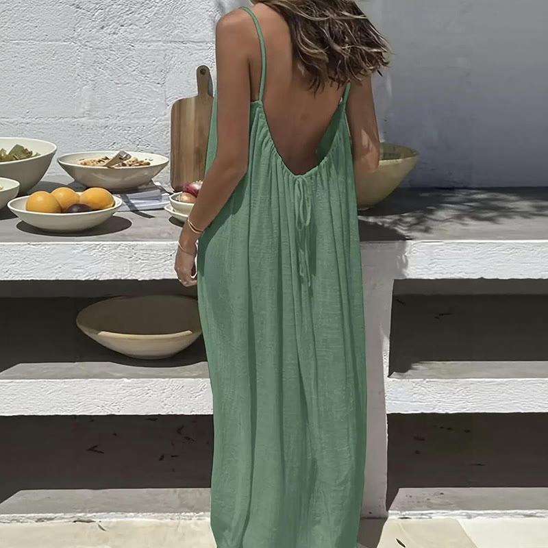 Loose Solid Color Adjustable Tie Strap Vacation Dress - image 9