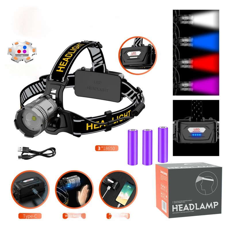 headlamp, rechargeable headlamp, super bright,  display light, hands-free flashlight, suitable for work, camping, running - A(White‑Blue‑Red‑Purple) - image 12