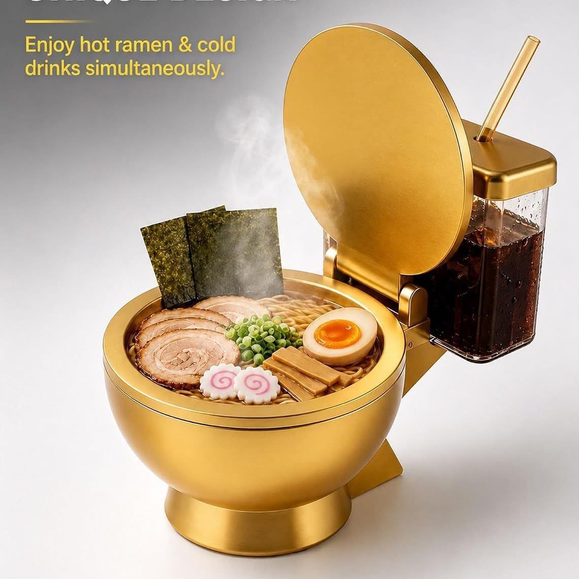 2-in-1 Golden Toilet Shaped Ramen Bowl with Drink Cup, Funny Party Gag Bowl - Golden - image 7