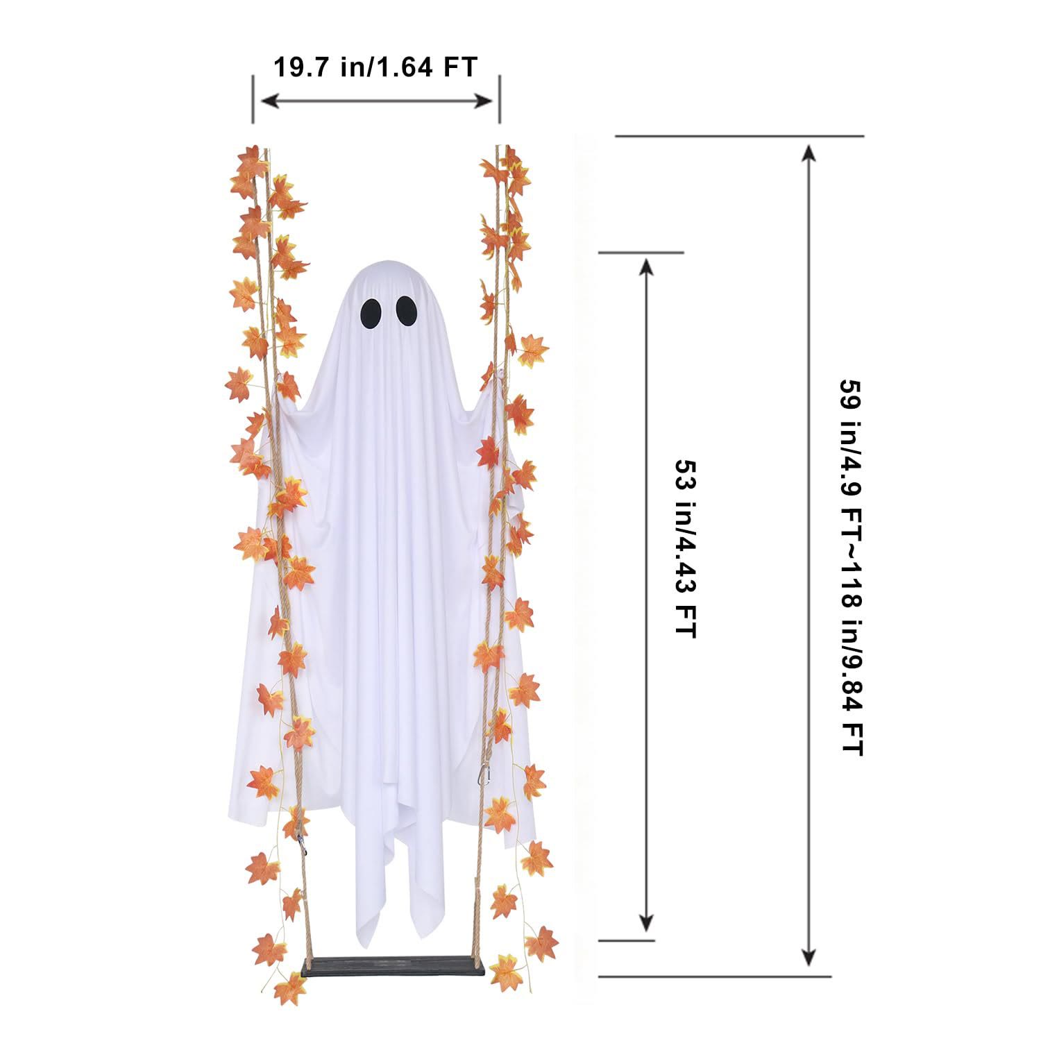 Halloween Hanging Swing Ghost with Maple Leaf Vine, Large Outdoor Tree & Garden Spooky Decoration - White - 59in - image 7
