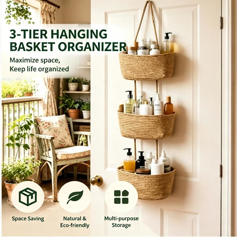 Woven Cotton 3-Tier Over-the-Door Basket, Wall-Mounted Bathroom  Storage Organizer - image 7