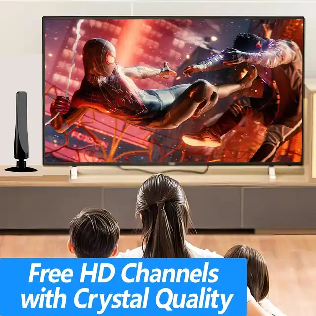 Indoor TV antenna placed next to television in family living room