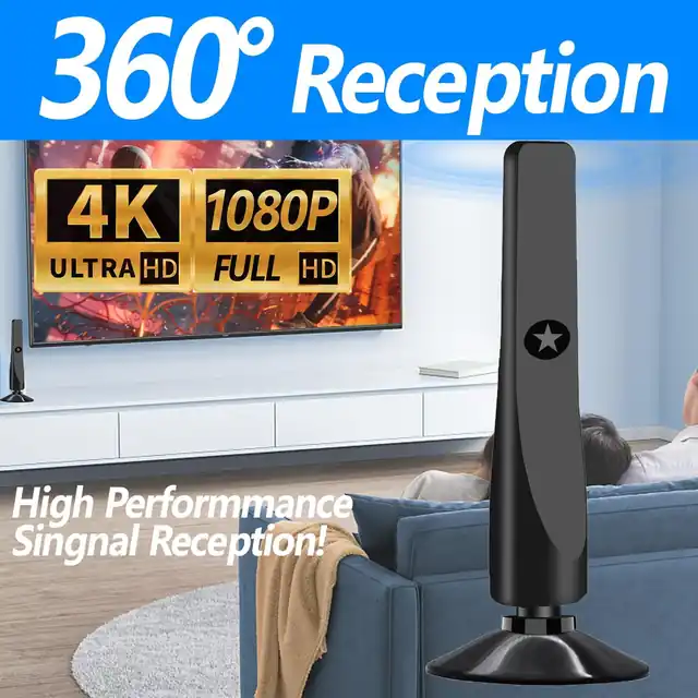 Black indoor TV antenna with upright stand for reception