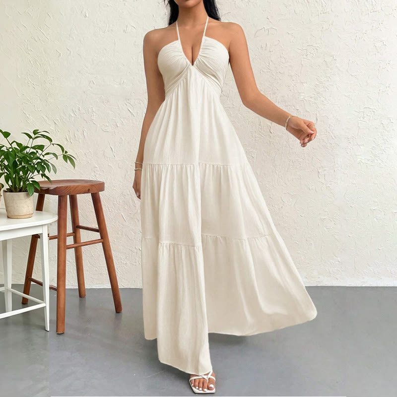 Women's Halter Neck Tiered Sleeveless A Line Summer Maxi Dress - Apricot - L - image 9