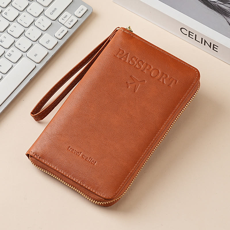 Simple Plain Passport Cases, Multi-functional Zipper Travel Card Holder, RFID Blocking Card Holder - Brown - image 18