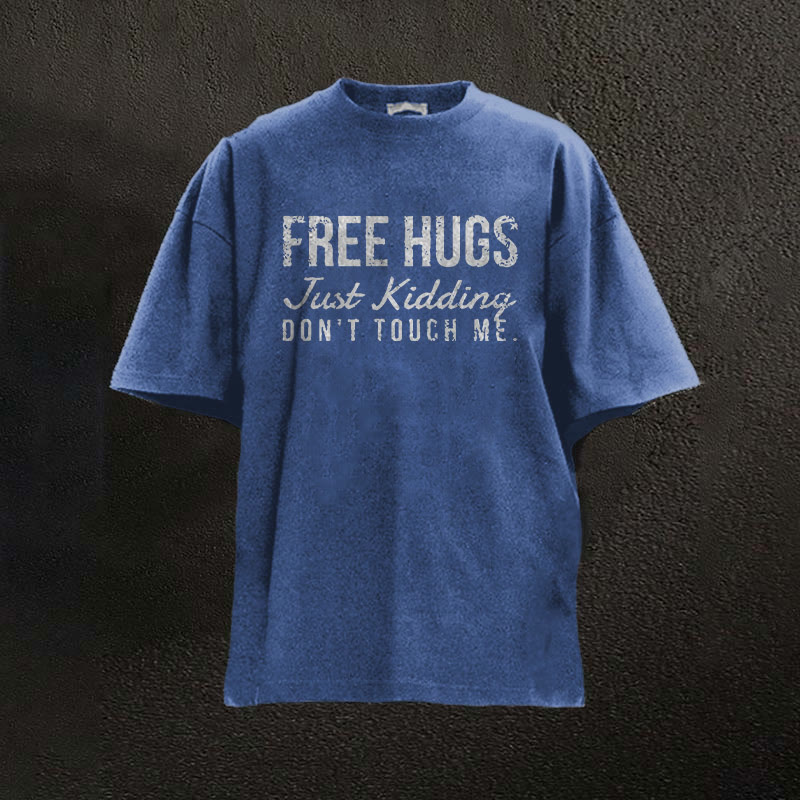 100% Cotton Free Hugs Just Kidding Don't Touch Me Printed Washed Gym T-shirt - Blue - 2XL - image 9