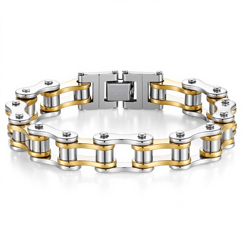 Men's Motorcycle Chain Bracelet - Punk Biker Stainless Steel Bicycle Link Bracelet  - Silver + Gold - image 10