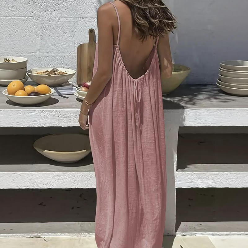 Loose Solid Color Adjustable Tie Strap Vacation Dress - Pink - 5XL - image 5