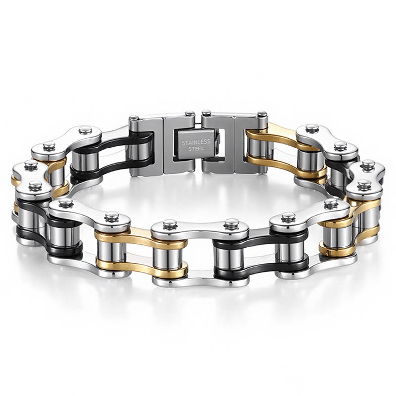Men's Motorcycle Chain Bracelet - Punk Biker Stainless Steel Bicycle Link Bracelet  - Silver + Gold + Black - image 7