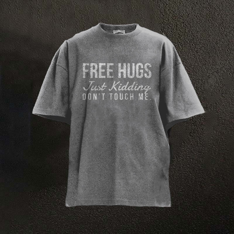 100% Cotton Free Hugs Just Kidding Don't Touch Me Printed Washed Gym T-shirt - Grey - 2XL - image 5