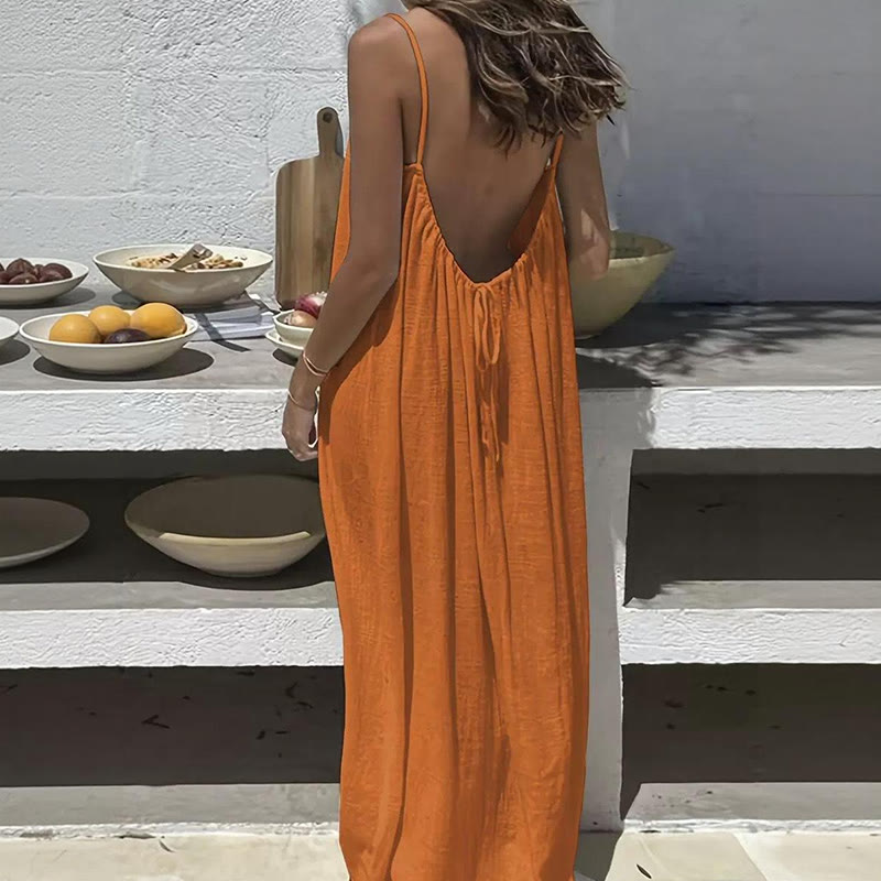 Loose Solid Color Adjustable Tie Strap Vacation Dress - Orange - 5XL - image 11