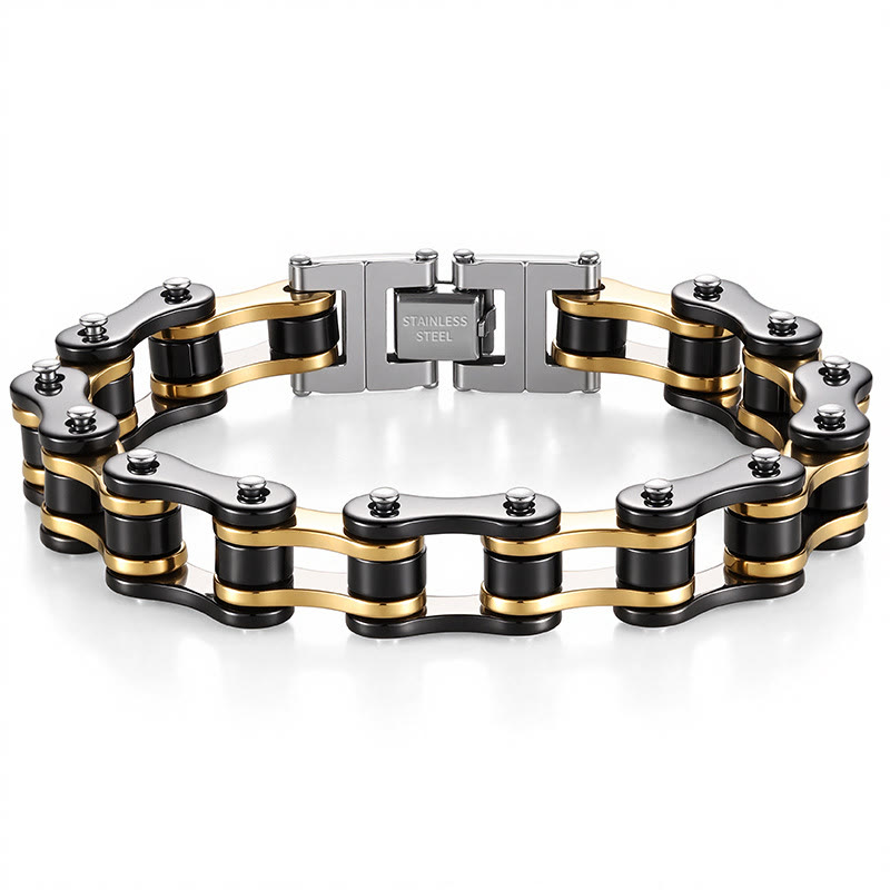 Men's Motorcycle Chain Bracelet - Punk Biker Stainless Steel Bicycle Link Bracelet  - Black + Gold - image 11