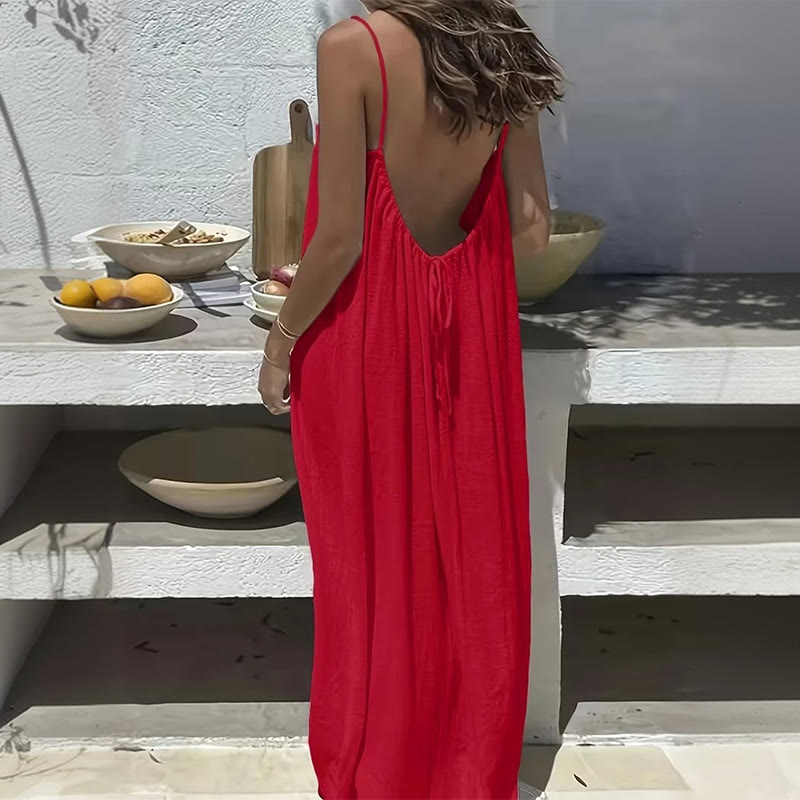 Loose Solid Color Adjustable Tie Strap Vacation Dress - Red - 5XL - image 9