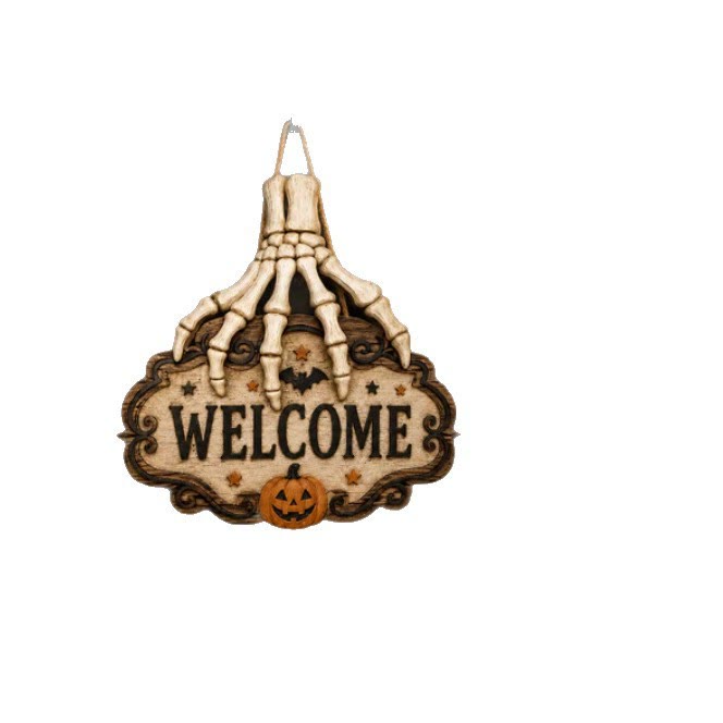 Halloween Skeleton Hand Welcome Sign, Rustic Wooden Front Door Hanging Decor - image 4